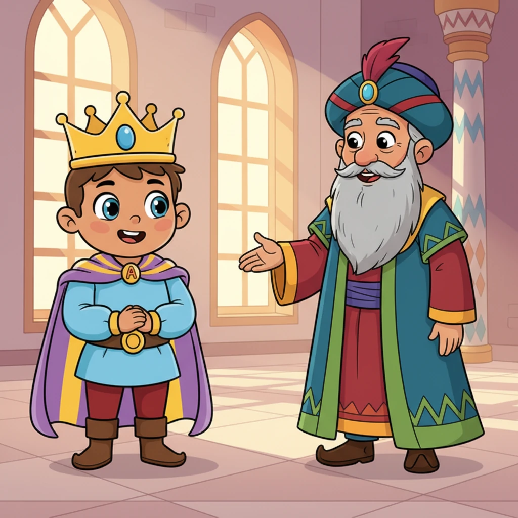 A grand day arrived when a distinguished dignitary from a faraway land visited the palace. With a deep breath and a confident smile, Prince Akhmet stepped forward and greeted the visitor with a clear "Good morning!" The dignitary's face lit up with a warm smile, genuinely impressed by the young prince's thoughtful effort.