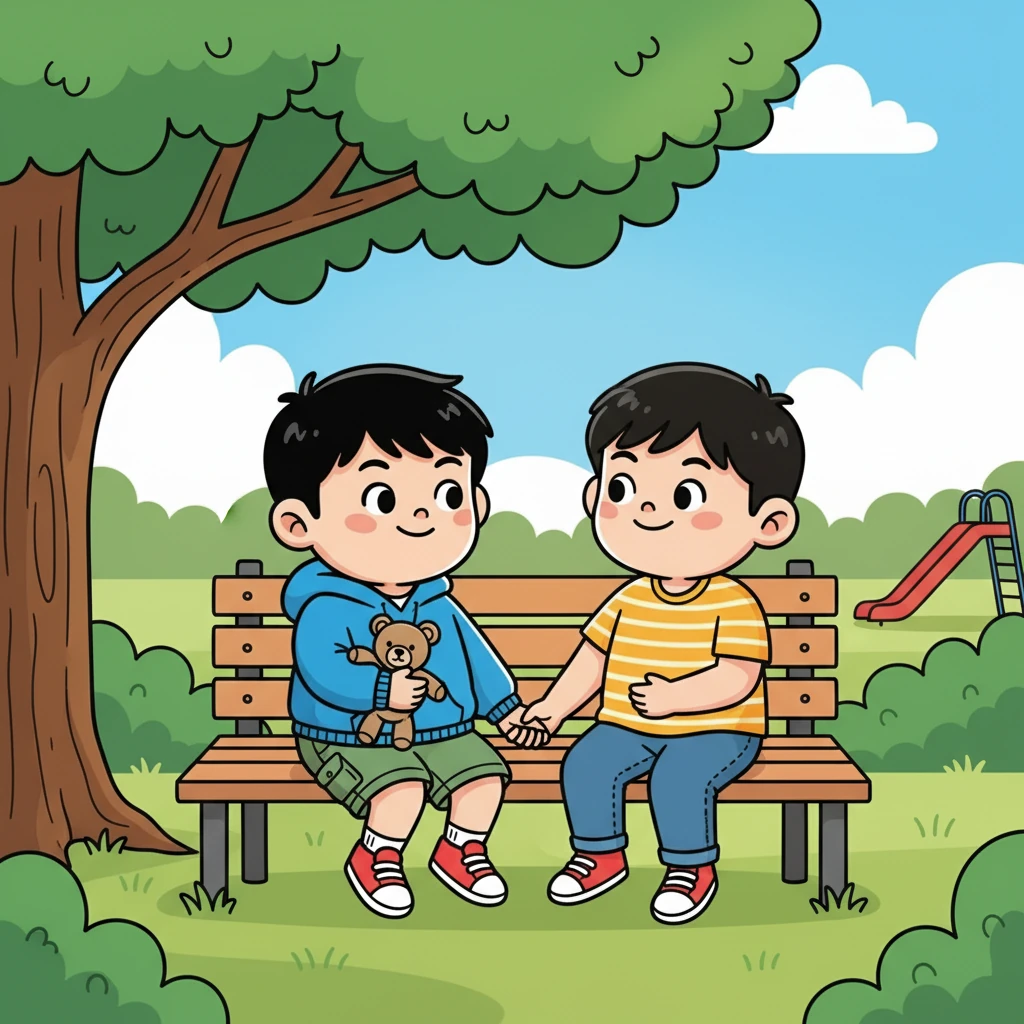 민수와 준호는 벤치에 앉아 서로를 바라보며 미소 지었다. "민수, 우리 영원히 친구야, 알았어?" 준호가 물었다. 민수는 고개를 끄덕이며 "그래, 영원히 우리 친구야."라고 답했다. 햇살 아래, 그들의 우정은 영원할 것 같았다.