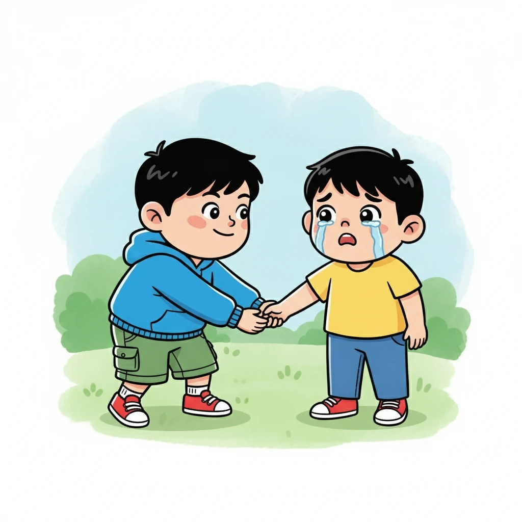 준호는 민수에게 다가가 그의 손을 잡았다. "민수... 난 여기 있어." 민수는 눈물을 글썽이며 말했다. "준호... 와줬어? 정말?" 그들의 재회는 감동적이었다.