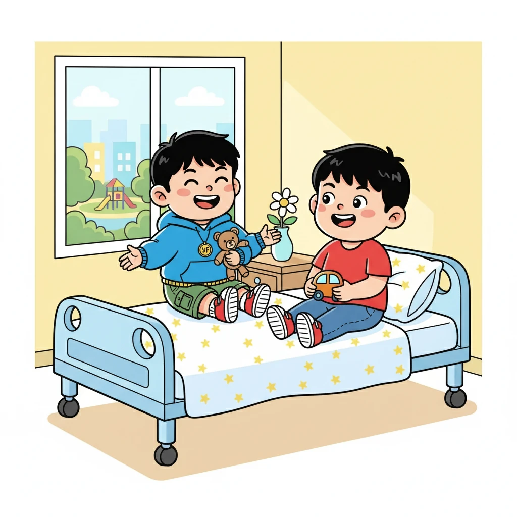 일주일 후, 민수는 병실에서 준호와 함께 웃고 있었다. "민수, 이제 많이 나아?" 준호가 물었다. 민수는 고개를 끄덕이며 말했다. "응, 의사가 내일 퇴원해도 된다고 해." 그들의 우정은 다시 굳건해졌다.