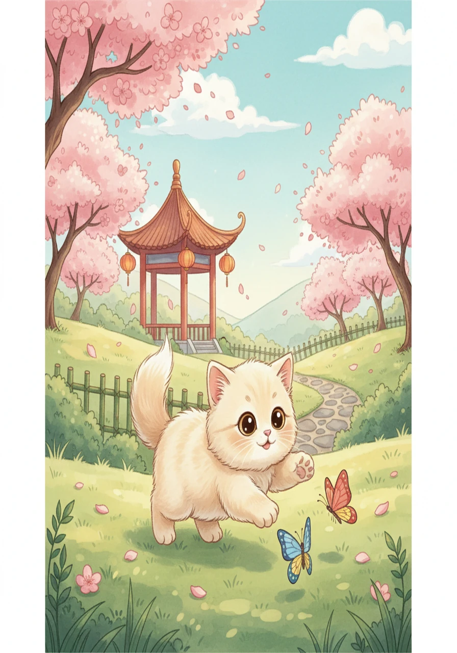 一只可爱的小猫正在草地上玩耍，它有着柔软的毛发和圆圆的眼睛。 小猫喜欢追逐蝴蝶。 (xiǎo māo - Cat)