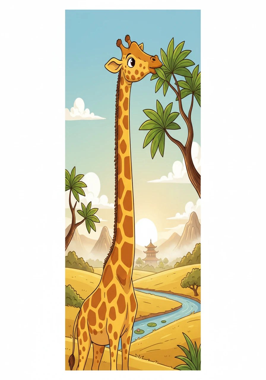 一只高大的长颈鹿在草原上吃着树叶，它长长的脖子非常引人注目。 长颈鹿是世界上最高的哺乳动物。 (cháng jǐng lù - Giraffe)