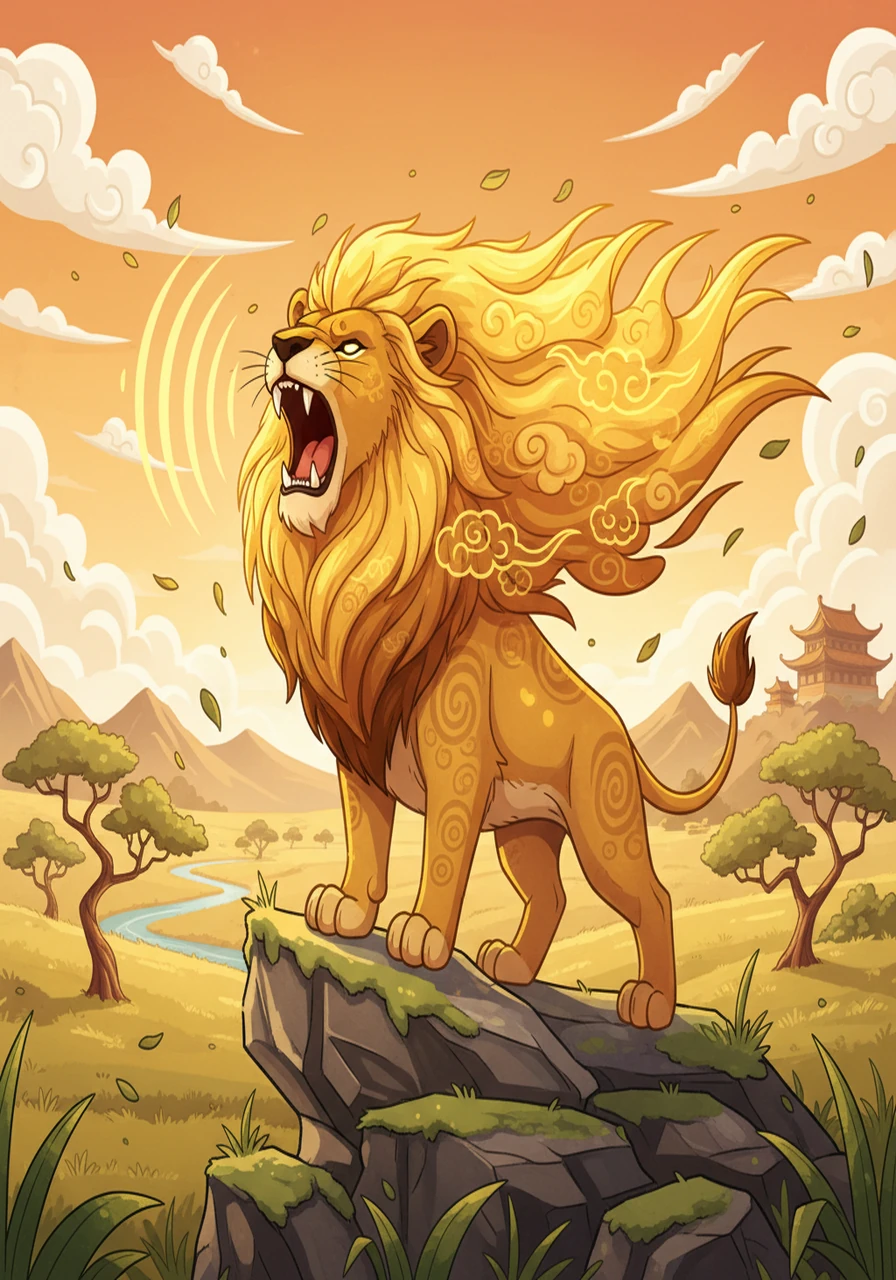 一只威风凛凛的狮子站在岩石上，它有着金色的鬃毛。 狮子是草原上的王者，发出震耳欲聋的吼声。 (shī zi - Lion)