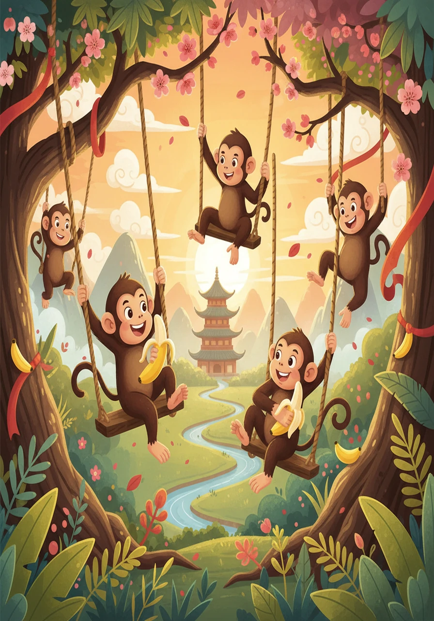 调皮的猴子在树上荡秋千，它们敏捷地跳跃在树枝间。 猴子是聪明的动物，喜欢吃香蕉。 (hóu zi - Monkey)
