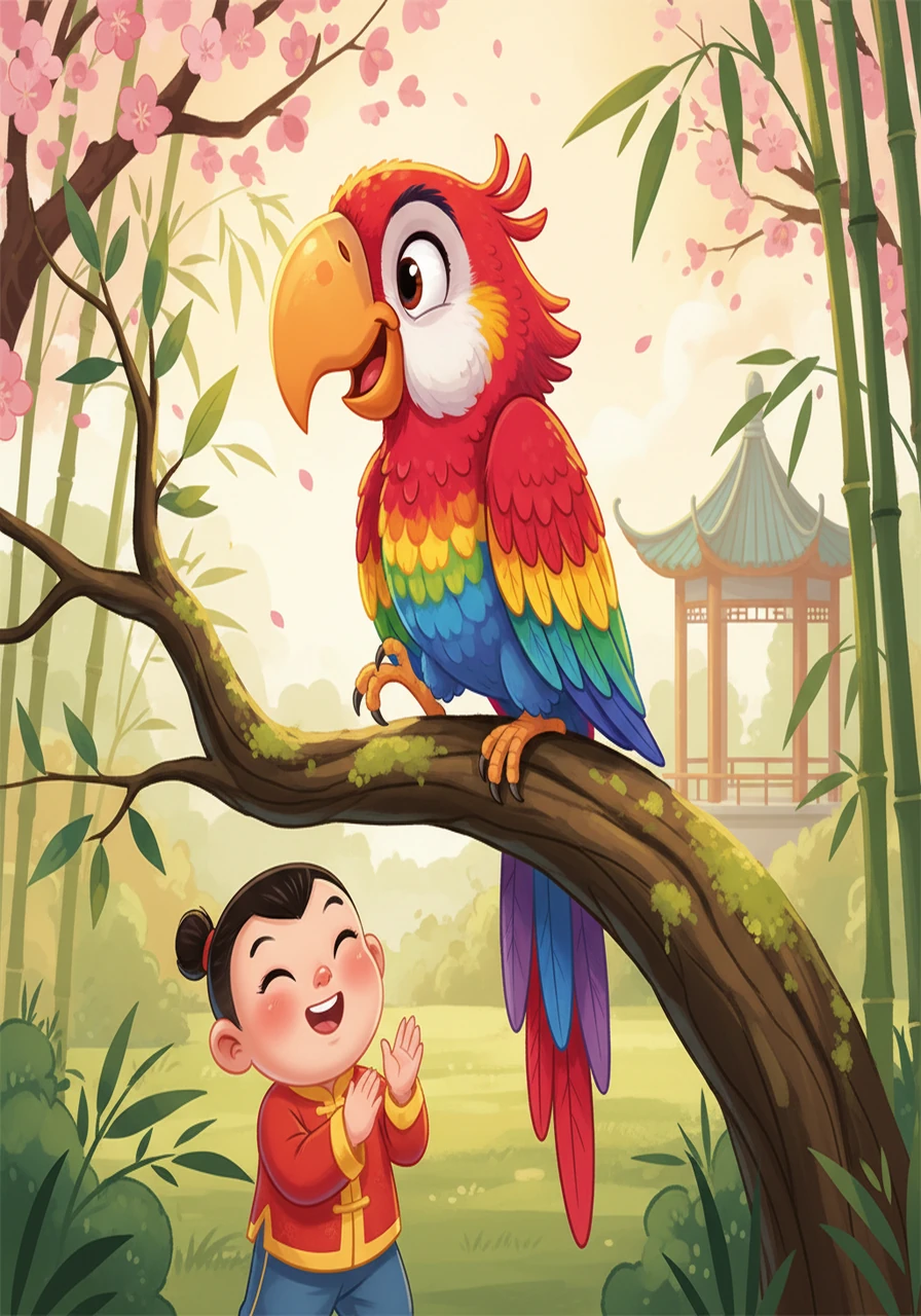 一只五彩斑斓的鹦鹉在树枝上休息，它有着鲜艳的羽毛和弯曲的喙。 鹦鹉可以模仿人类的声音，非常有趣。 (yīng wǔ - Parrot)