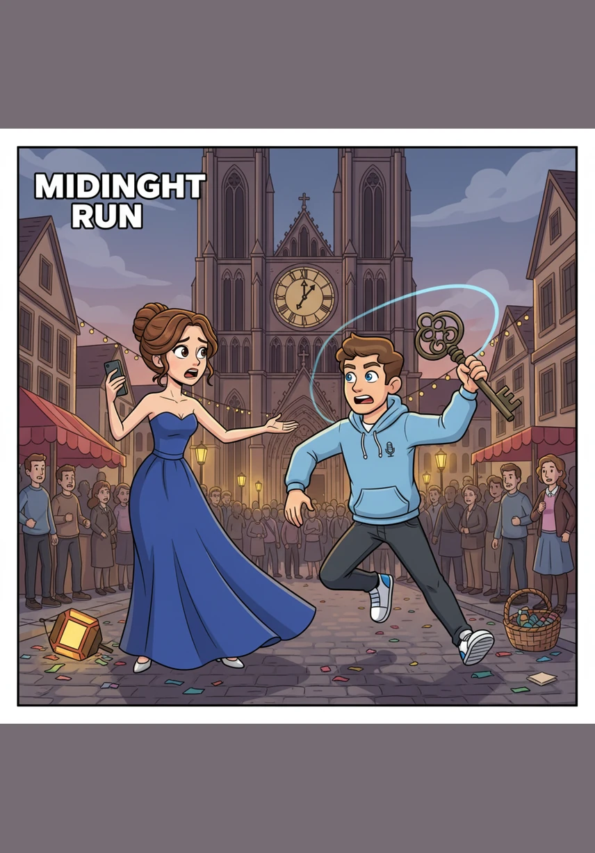 During a crowded street festival, a heavy stone gargoyle breaks loose from a cathedral roof, hurtling directly toward an oblivious Elara. In a blur of motion, a hooded figure shoves her out of the way and vanishes into the alleyways before she can see his face. Elara stands trembling, holding a small silver charm that fell from her savior’s pocket—a charm Julian has carried since they were children.