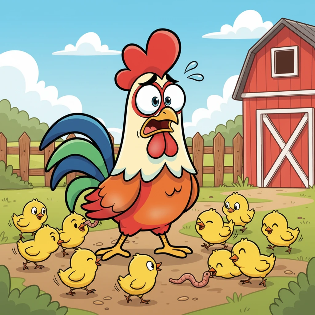 Reginald the Cock, a magnificent rooster with a bright red comb, clucked anxiously in the bustling farmyard. Twelve fluffy, yellow chicks zipped around his feet, making his "To-Do" list of finding seeds and inspecting fences feel impossibly long. He sighed, wishing for just a moment of peace.