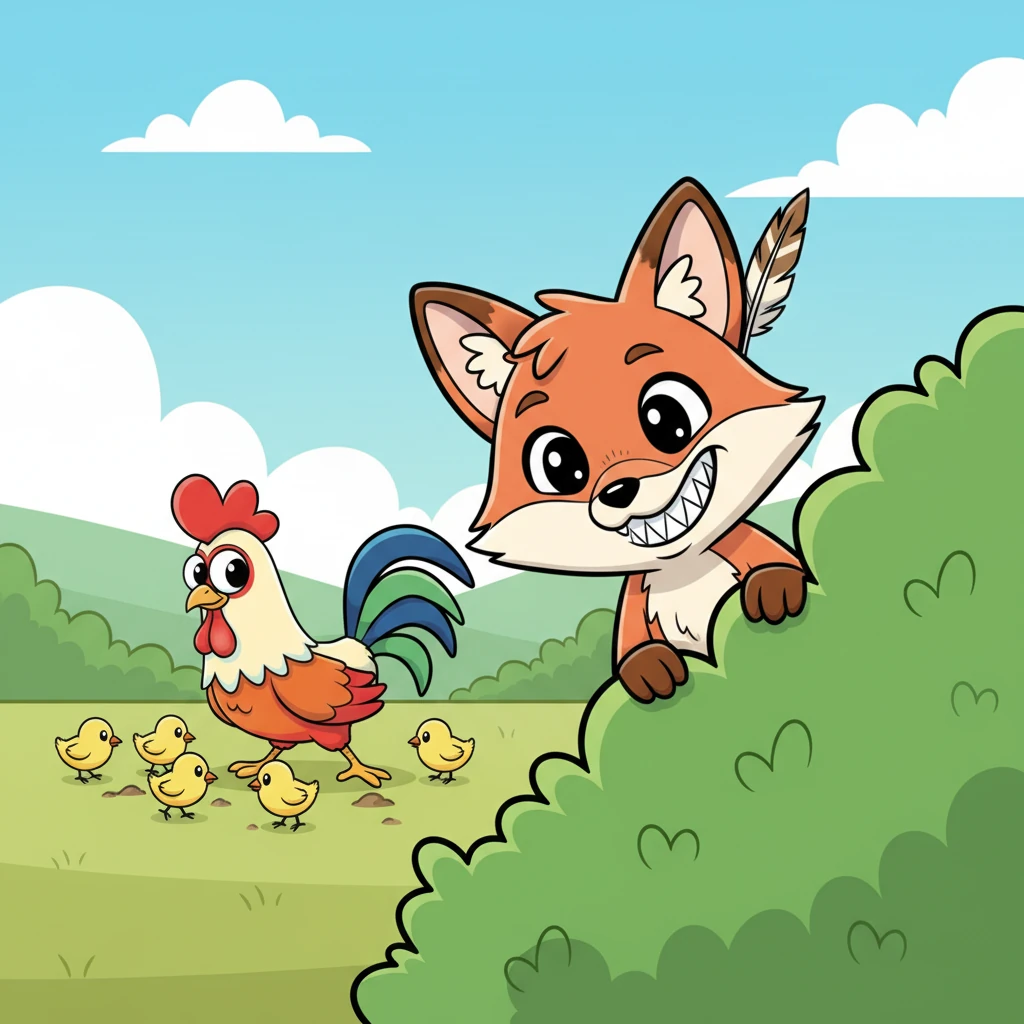 Hidden behind a vibrant green bush, a sleek, orange Fox peered out with glinting eyes. A wide, hungry grin spread across his face as he watched the busy Cock and his lively brood. He wasn't interested in just one chick; he dreamt of a feast.