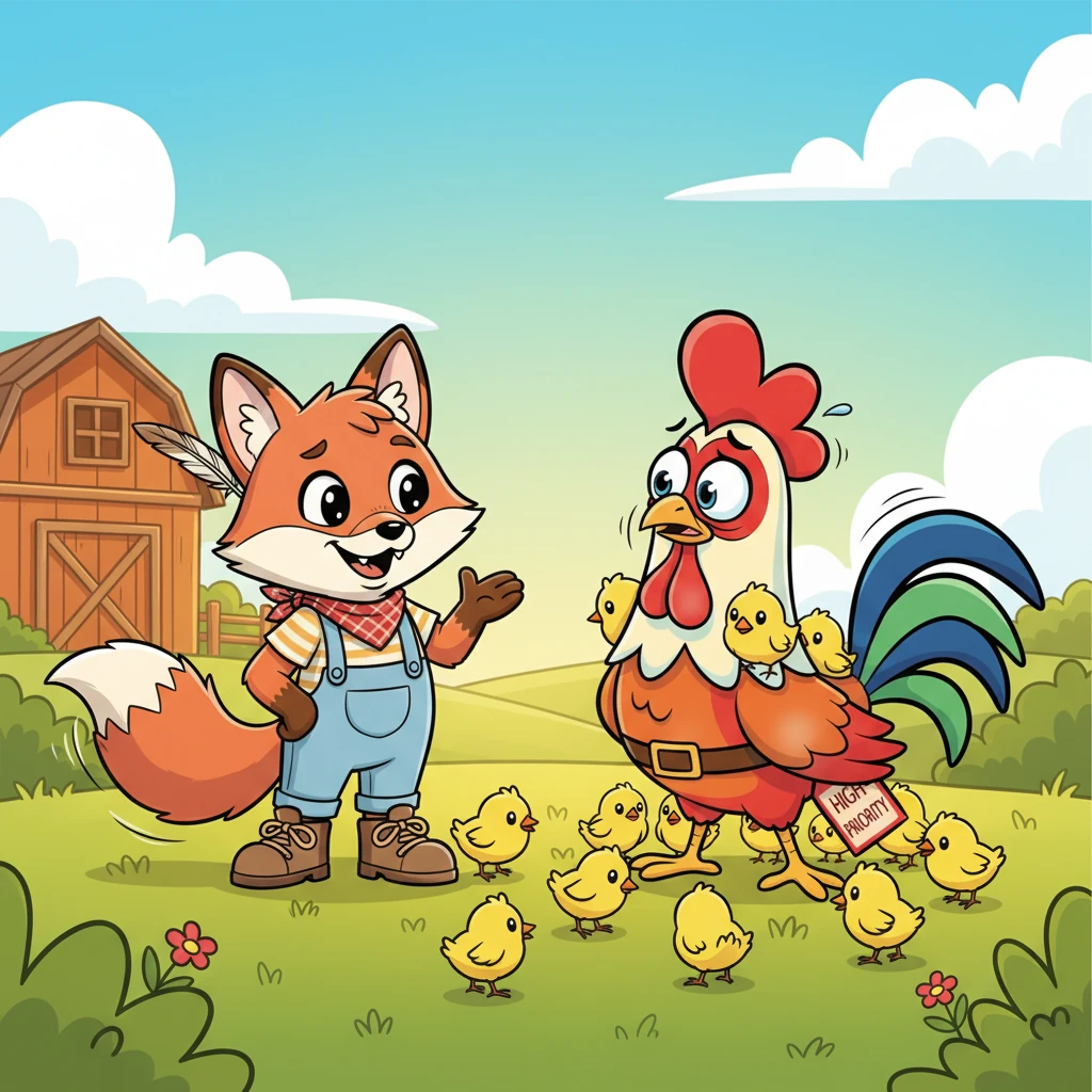 The Fox, with a swish of his bushy tail, stepped into the sun-drenched yard. He smoothed his fur, put on his most charming smile, and approached Reginald with a purring voice. "My dear friend," he began, "you look utterly swamped with all these precious little ones!"