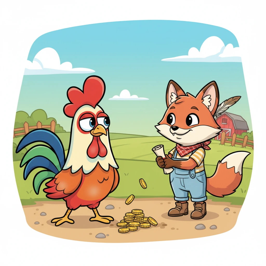 Reginald paused his frantic counting, a flicker of suspicion in his bright, beady eyes. He looked from the Fox's overly sweet smile to the sharp glint of his teeth. This offer of "help" felt less like assistance and more like a thinly veiled trap.