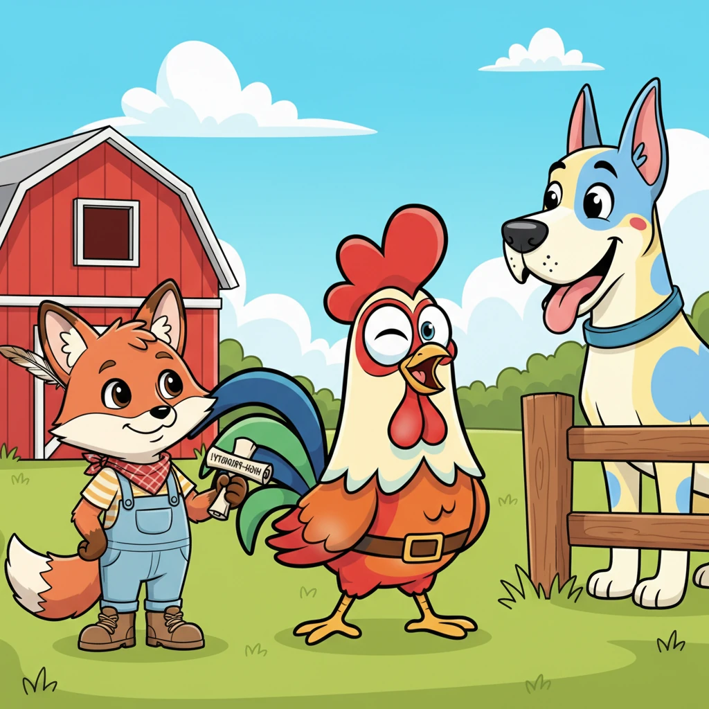 Standing tall and puffing out his chest, Reginald crowed loudly. "That is indeed a tempting offer, Mr. Fox!" he declared, "But my top priority this week is 'Security Protocol.' In fact, the Farmer's Great Dane is due any second to review our 'No-Fox Policy'!"