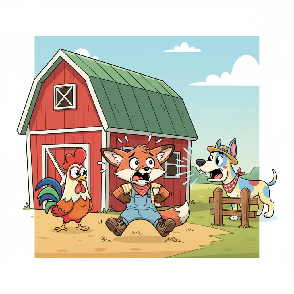 Just as Reginald finished, a deep, resonant "WOOF!" echoed from around the corner of the barn. The Fox's ears twitched wildly, and his charming smile instantly melted into a look of pure alarm. The sound was getting closer.