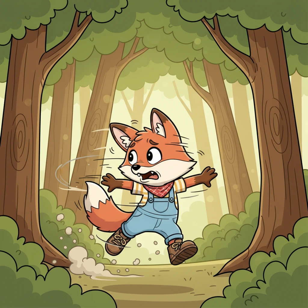 With a panicked yelp and a blur of orange fur, the Fox spun around and darted away. He vanished into the dense woods faster than a startled rabbit, leaving a trail of dust and a faint whiff of fear behind him.