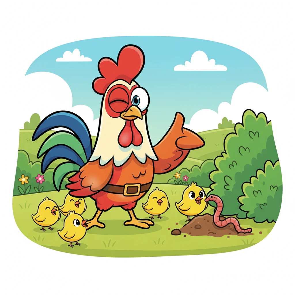 "Alright, team," Reginald clucked, puffing out his chest with pride. He mentally checked his list. "Step one: Don't get eaten—Complete! Now, back to our practicals, like finding the juiciest worms!" His chicks chirped in happy agreement.