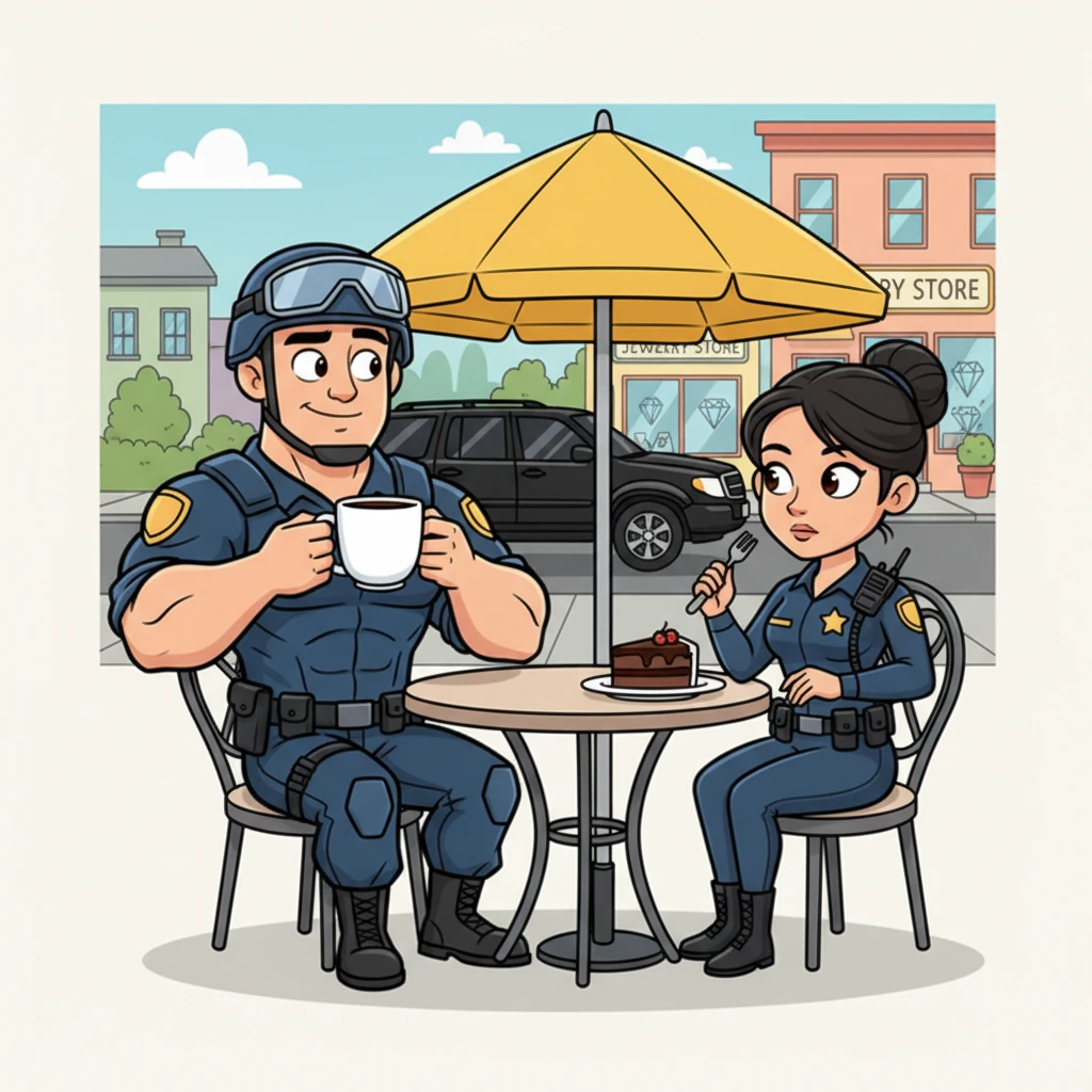 Officers Rex Strong and Leo Sharp, a formidable duo, enjoyed a rare moment of peace outside a sunny coffee shop. Rex, with his impressive build, sipped his coffee, while Leo, ever-focused, savored a slice of cake. Their relaxed chat was abruptly cut short as a sleek black SUV pulled up suspiciously outside the jewelry store across the street, instantly catching their expert eyes.