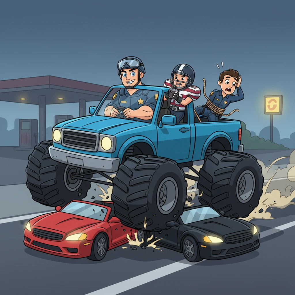 In a moment of intense pressure, Rex made a bold choice, creating a diversion to distract the handsome guard, allowing Leo to swiftly rescue the football player. They commandeered a massive monster truck, dramatically crushing the criminals' luxury cars as they made their escape, with the tied-up guard in the back. At a secluded gas station, Rex made a final, risky decision, letting the guard go with a solemn warning to keep their secret safe, securing their jobs and his own complicated heart.