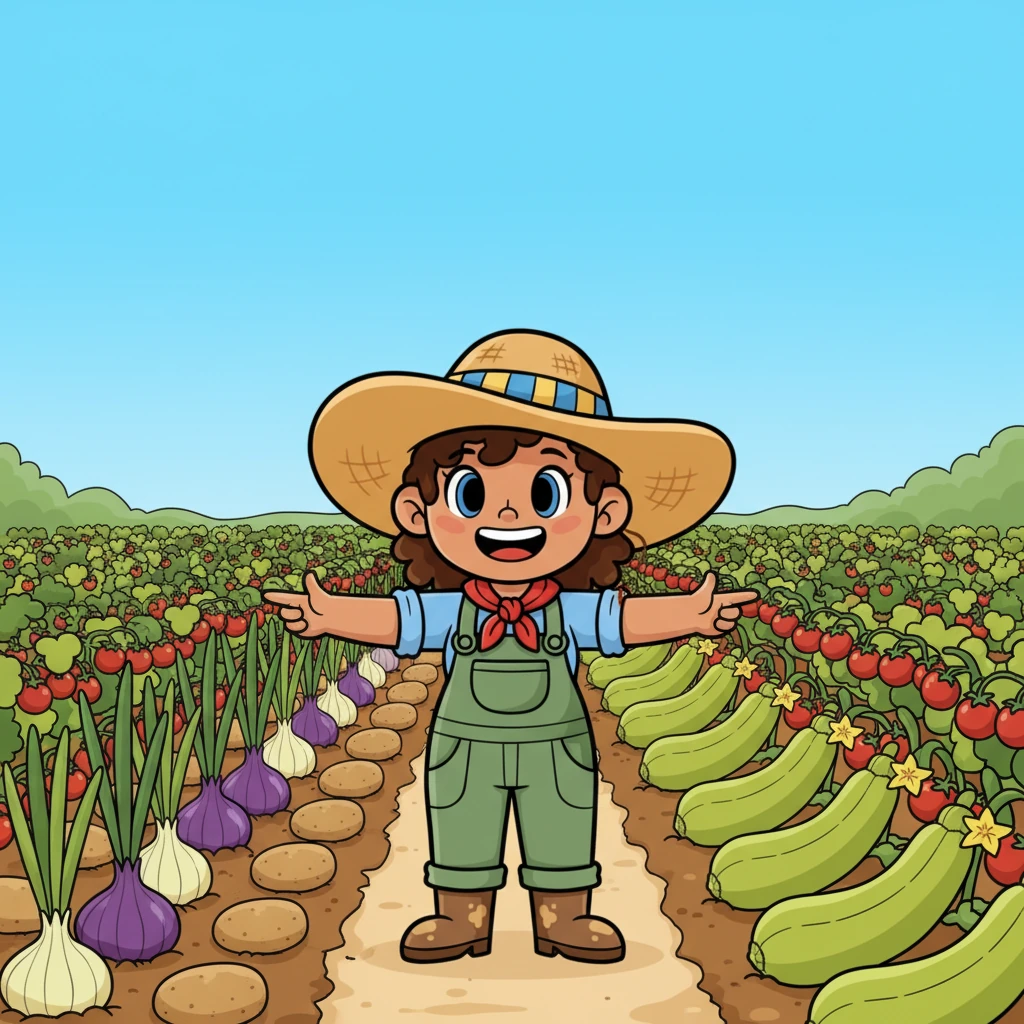 Marisa, a farmer with a bright smile, loved her enormous garden. She grew rows and rows of delicious potatoes, onions, zucchini, and plump red tomatoes. Her garden was a vibrant tapestry of green and colorful bounty.