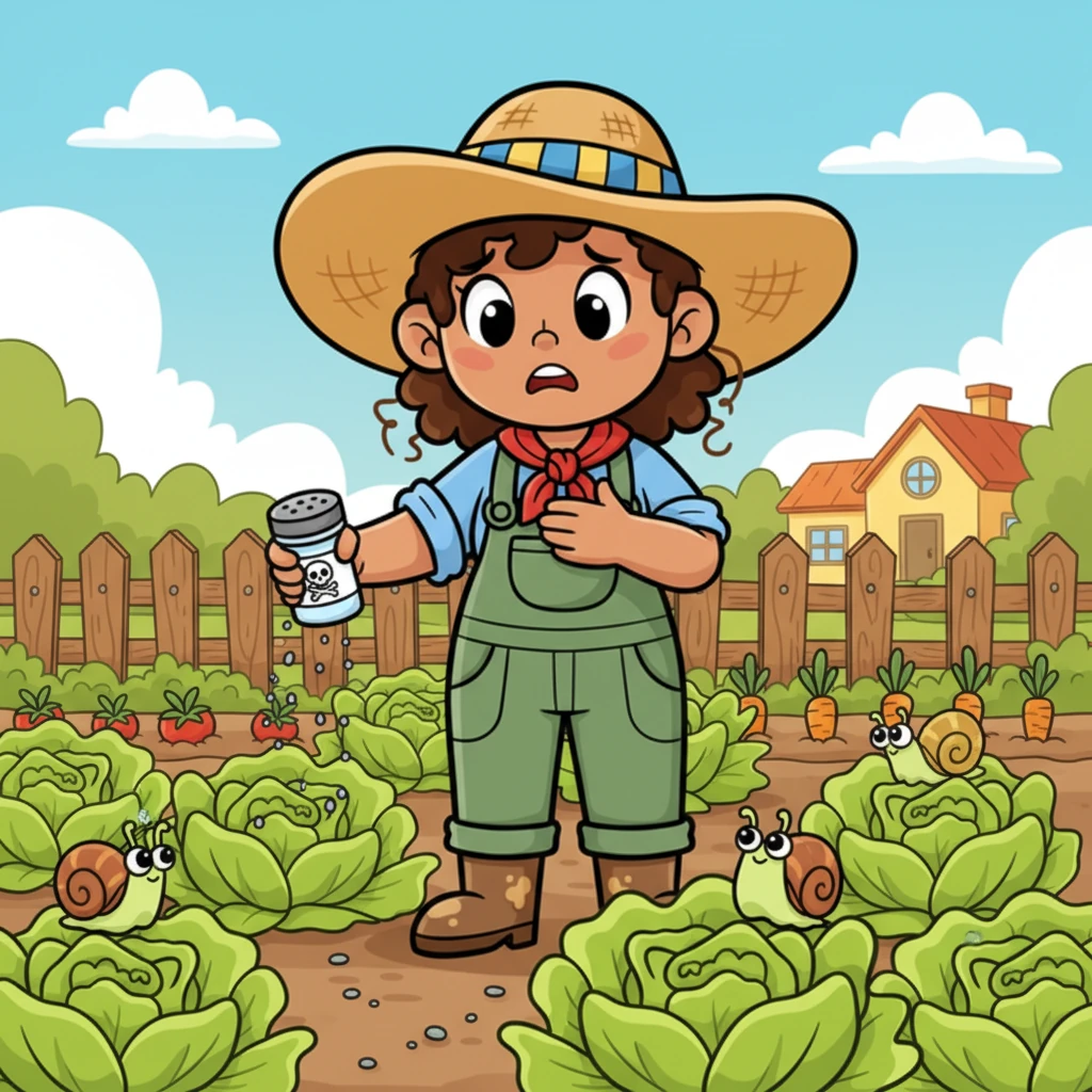 One sunny week, Marisa fretted over her crisp lettuce leaves. "Oh dear," she worried, "if snails come, they'll gobble everything!" So, with a heavy heart, she sprinkled a little bit of poison to keep them away.