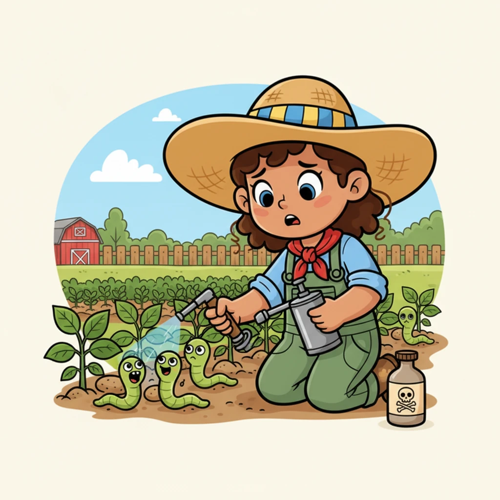Soon after, Marisa discovered potato worms lurking near her potato patch. These hungry worms loved potatoes more than anything! She sighed and applied another dose of poison, hoping to save her harvest.