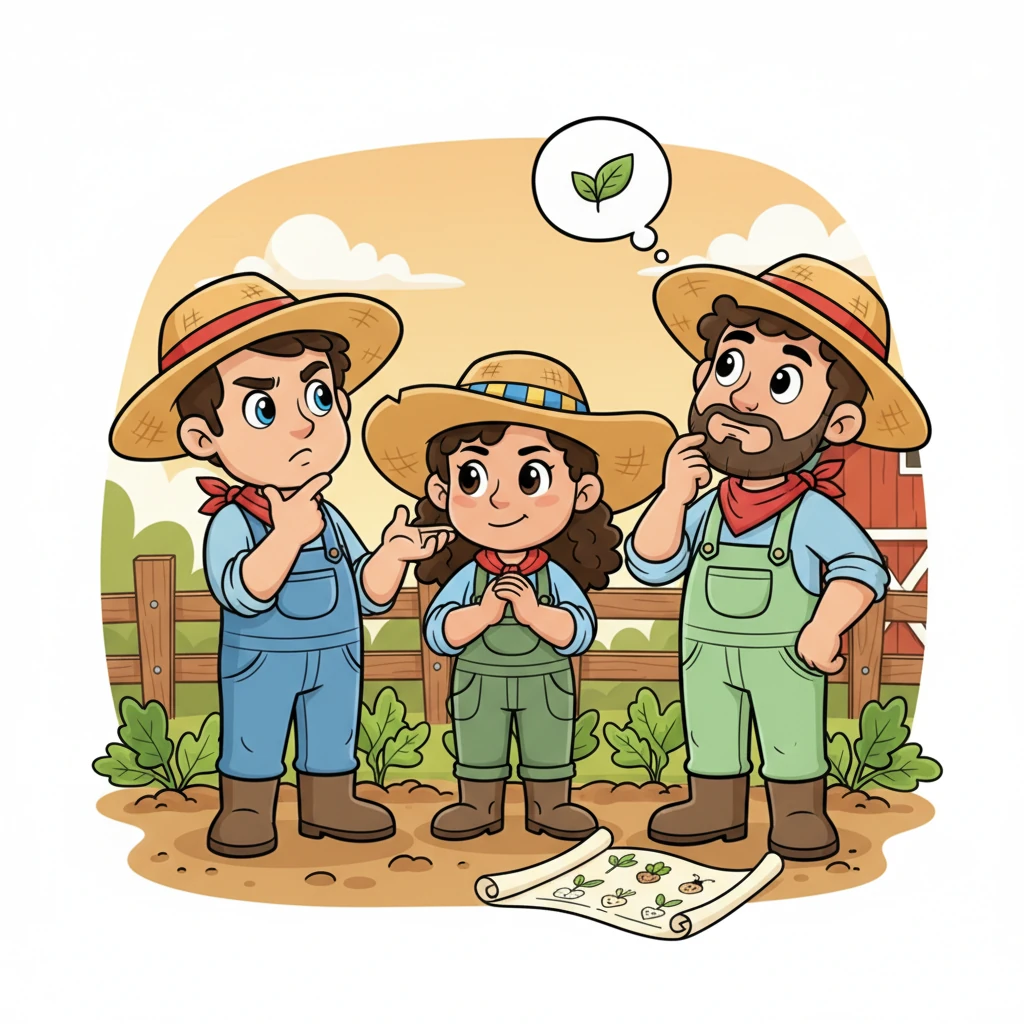 Determined to find a better way, Marisa called her two clever farmer friends, Alberto and Ramón. They gathered together, scratching their heads and sharing ideas, all eager to grow food without harmful sprays.