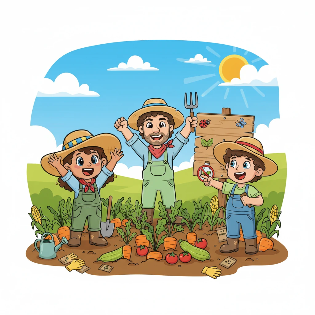 Suddenly, a brilliant idea sparked! "Let's create an ECOLOGICAL GARDEN!" they all cheered. This meant absolutely no poisons, not a single drop, just pure, natural growing methods.