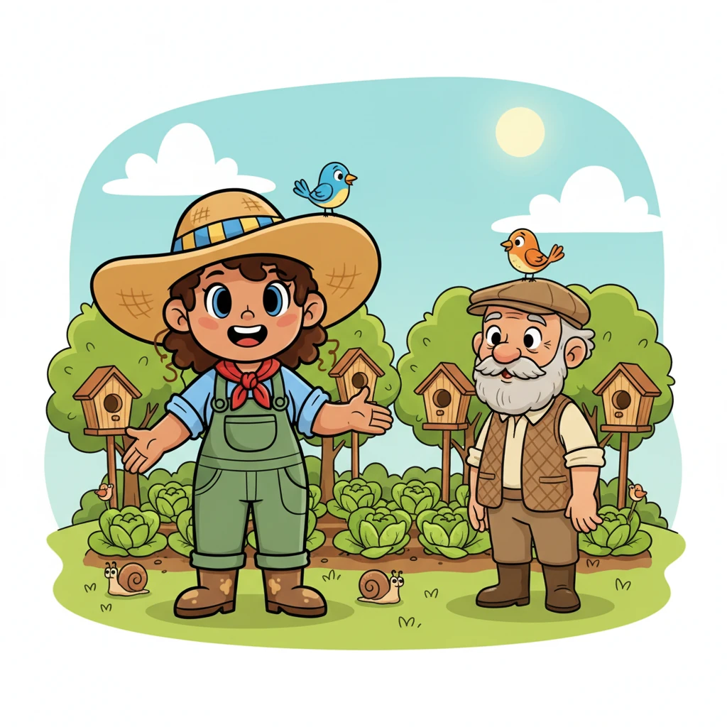An old villager, curious about Marisa's new plan, asked about snails. Marisa beamed, "I've planted trees around my garden and built cozy birdhouses! Birds that love to eat snails will move in and protect my lettuce!"