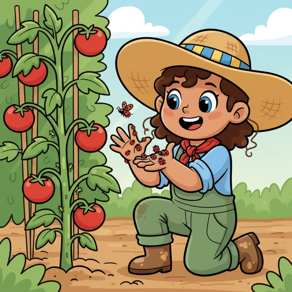 "But what about aphids?" the old man wondered. Marisa giggled, "I'm bringing in lots of hungry ladybugs! They love to munch on aphids and their eggs, keeping my tomato plants perfectly safe!"