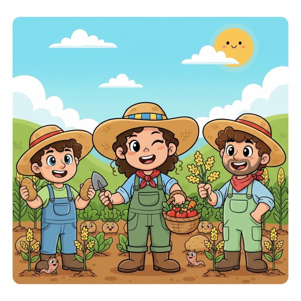 Finally, he asked about the dreaded potato worms. Marisa winked, "I'll plant mustard plants around my potatoes! Potato worms hate the smell and will scurry away to find another garden, leaving mine untouched!" And so, Marisa, Alberto, and Ramón grew their wonderful, poison-free ecological gardens, full of healthy, happy food for everyone.