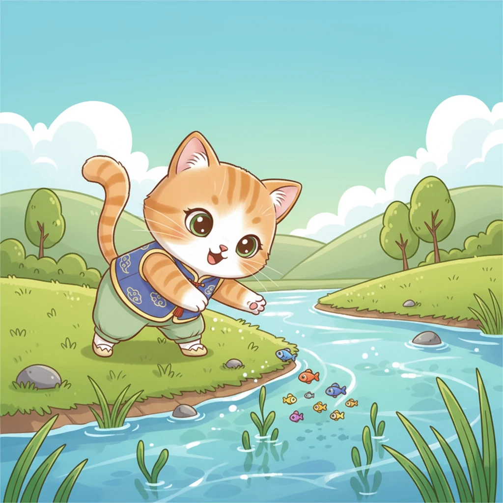 一直小猫在河边抓鱼，结果跟鳄鱼打了起来 - 冒险故事