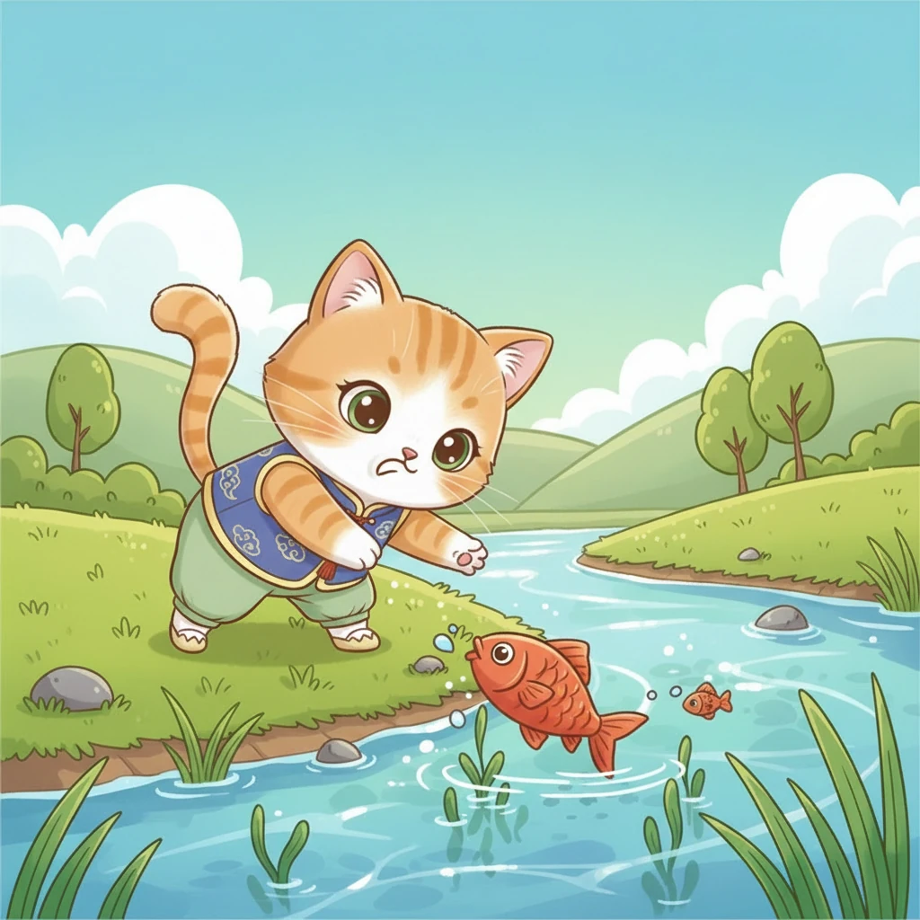 咪咪蹲伏在河岸边，全神贯注地盯着水面。它伸出毛茸茸的小爪子，小心翼翼地探入水中，试图捕捉一条肥美的小鱼。它的眼神专注而充满期待。