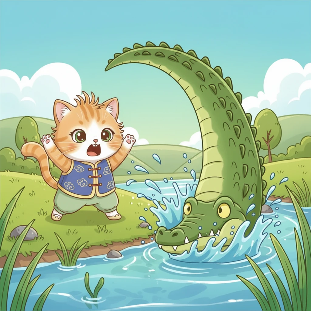 突然，水面一阵剧烈的波动，一条巨大的尾巴猛地拍打水面，溅起高高的水花。一只绿色的庞然大物浮出水面，露出尖锐的牙齿，原来是一只大鳄鱼！