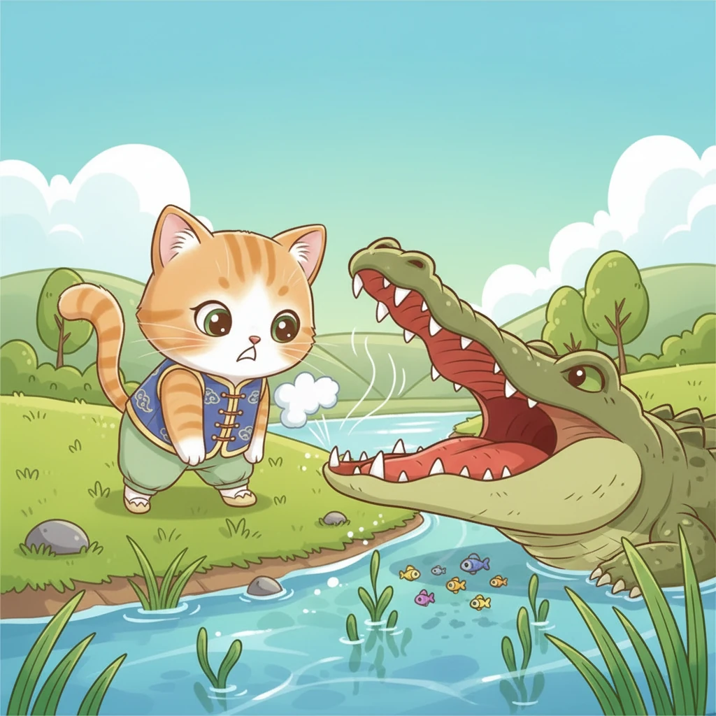 鳄鱼张开血盆大口，对着咪咪发出一声低沉的咆哮。咪咪吓了一跳，身体僵住了，但是它很快就恢复了镇定，弓起背，毛发都竖了起来。