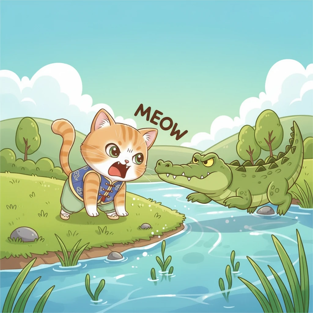 咪咪没有逃跑，反而勇敢地对着鳄鱼“喵呜”了一声，仿佛在说：“这是我的地盘！”鳄鱼被咪咪的胆量激怒了，猛地向它冲了过来。
