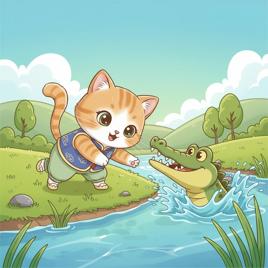 咪咪灵活地跳开，躲过了鳄鱼的第一次攻击。它在河岸上奔跑，鳄鱼在水里紧追不舍，掀起一阵阵波浪。一场猫与鳄鱼的追逐战开始了。