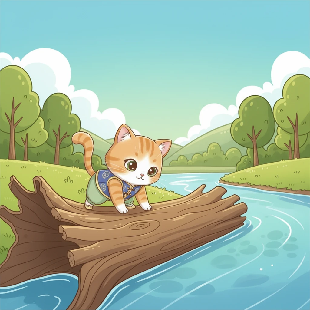 咪咪发现河边有一棵倒下的大树，树干伸向河中央。它灵机一动，迅速跳上树干，像个小小的侦察兵一样，观察着鳄鱼的动向。