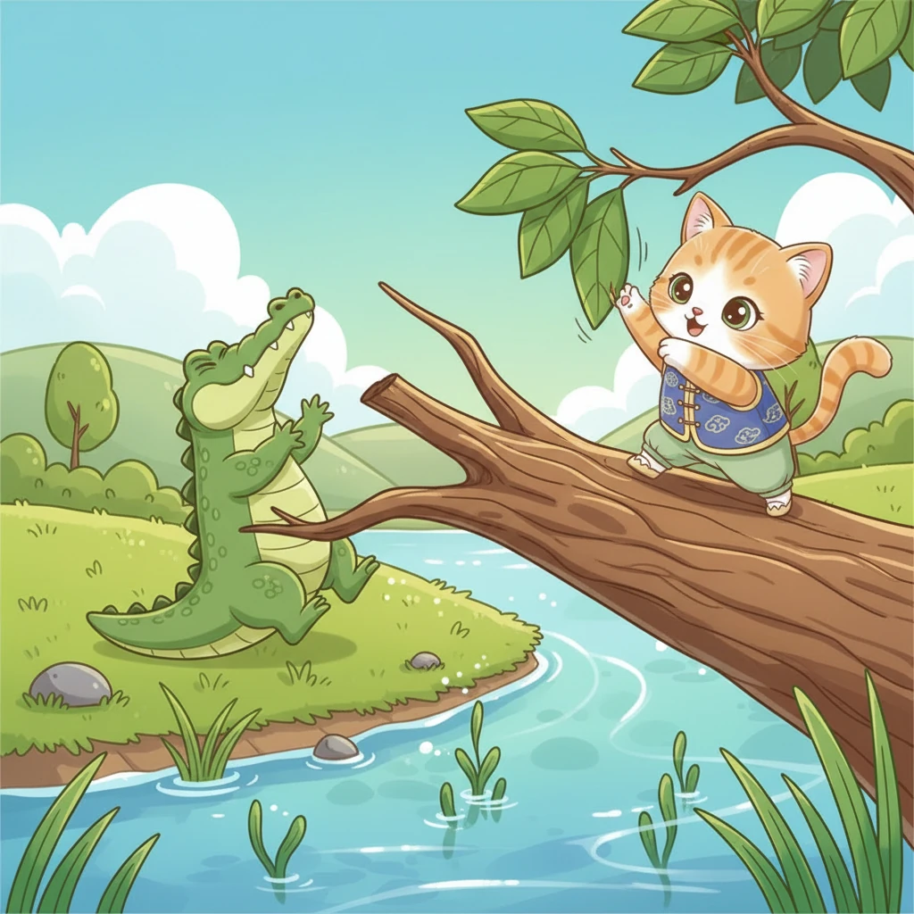 鳄鱼试图爬上树干，但它庞大的身躯和短小的四肢让它举步维艰。咪咪趁机跳到树干的另一端，用爪子拨弄着树枝，发出沙沙的响声，吸引鳄鱼的注意力。