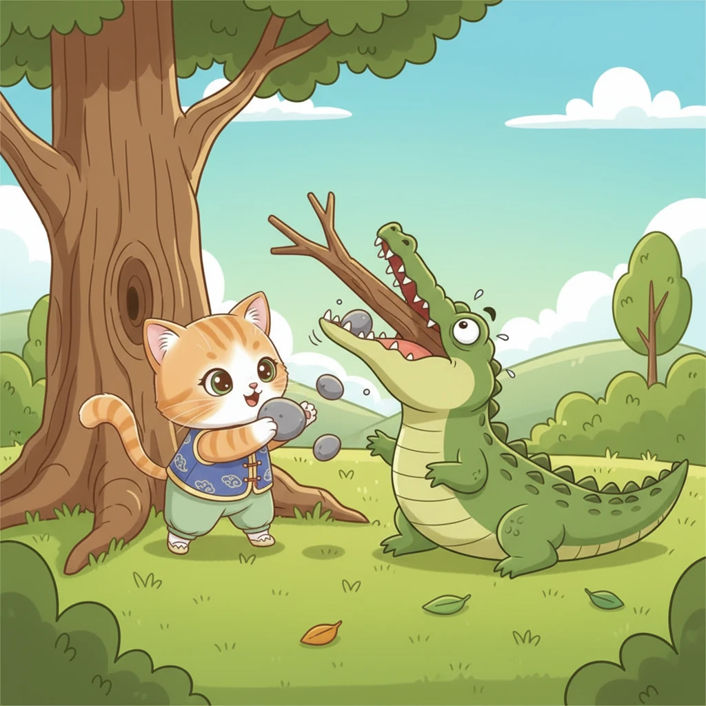 咪咪发现鳄鱼的嘴巴被树枝卡住了，它趁机用自己的小爪子，快速地将几块小石头推入鳄鱼的嘴里。鳄鱼不得不张开嘴巴，努力想把石头吐出来。