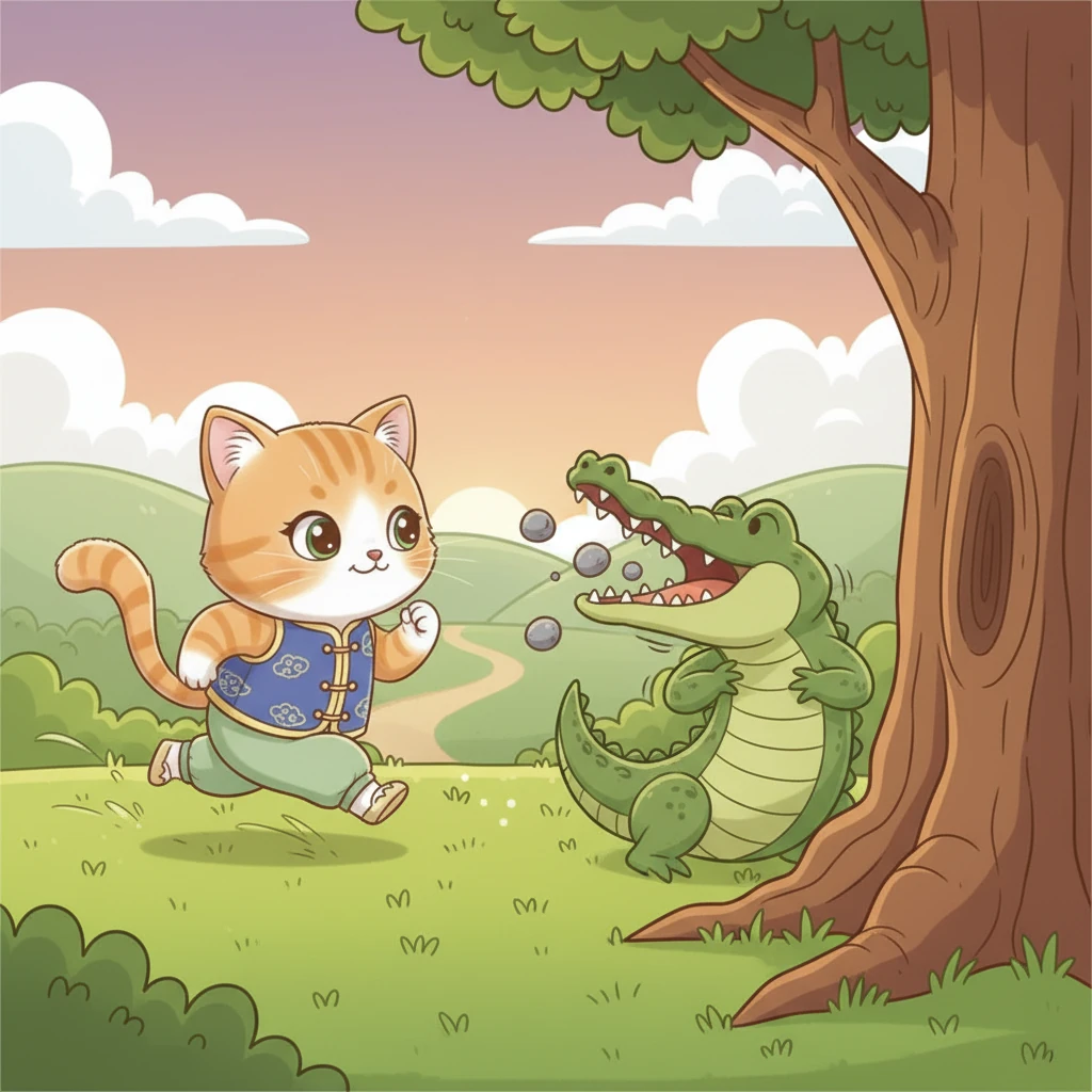 趁着鳄鱼忙着吐石头，咪咪迅速跳下树干，跑向了远处。它回头望了一眼，鳄鱼还在那里挣扎着。咪咪骄傲地挺起胸膛，虽然没有抓到鱼，但它赢得了一场勇敢的胜利！