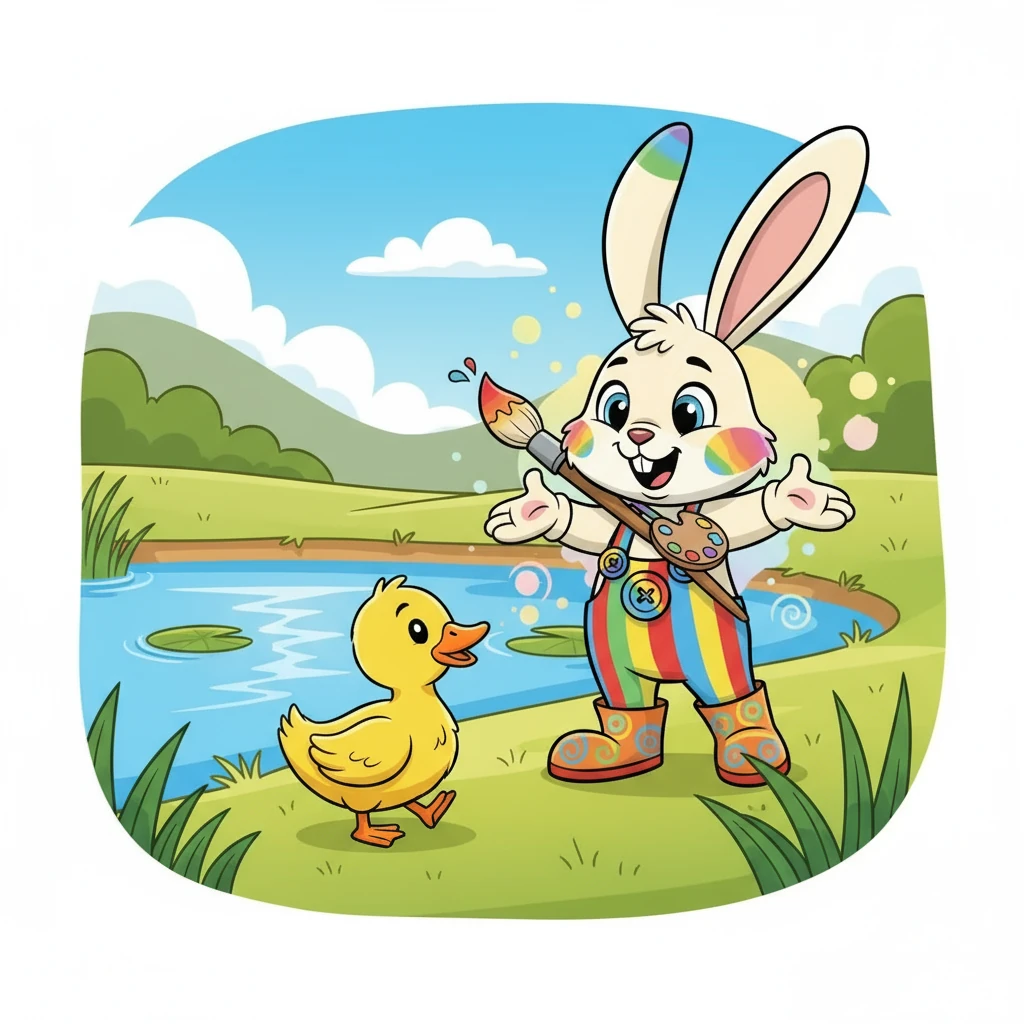 Barnaby then spotted a fluffy yellow duck waddling by a pond. "Yellow, yellow, I see yellow!" he chirped happily. The duck quacked in agreement, enjoying the warm sunshine.