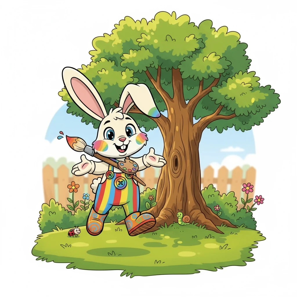 Barnaby hopped over to a patch of green grass. "Green, green, I see green!" he declared. A tall, leafy tree provided shade and shelter for all the garden animals.