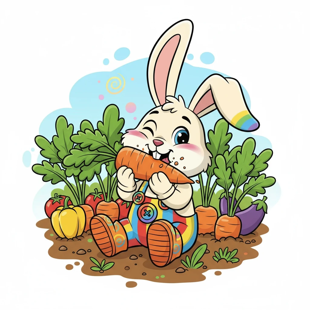 He then spotted a juicy orange carrot growing in the soil. "Orange, orange, I see orange!" Barnaby munched happily on the carrot, enjoying the sweet taste.