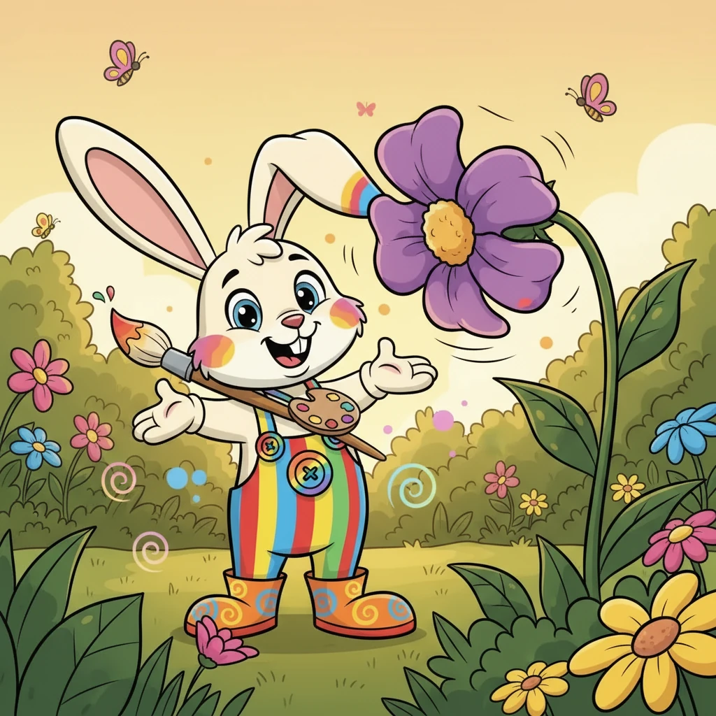 Finally, Barnaby saw a beautiful purple flower blooming in the garden. "Purple, purple, I see purple!" he said with a smile. The flower swayed gently in the breeze, a perfect ending to his colorful adventure.