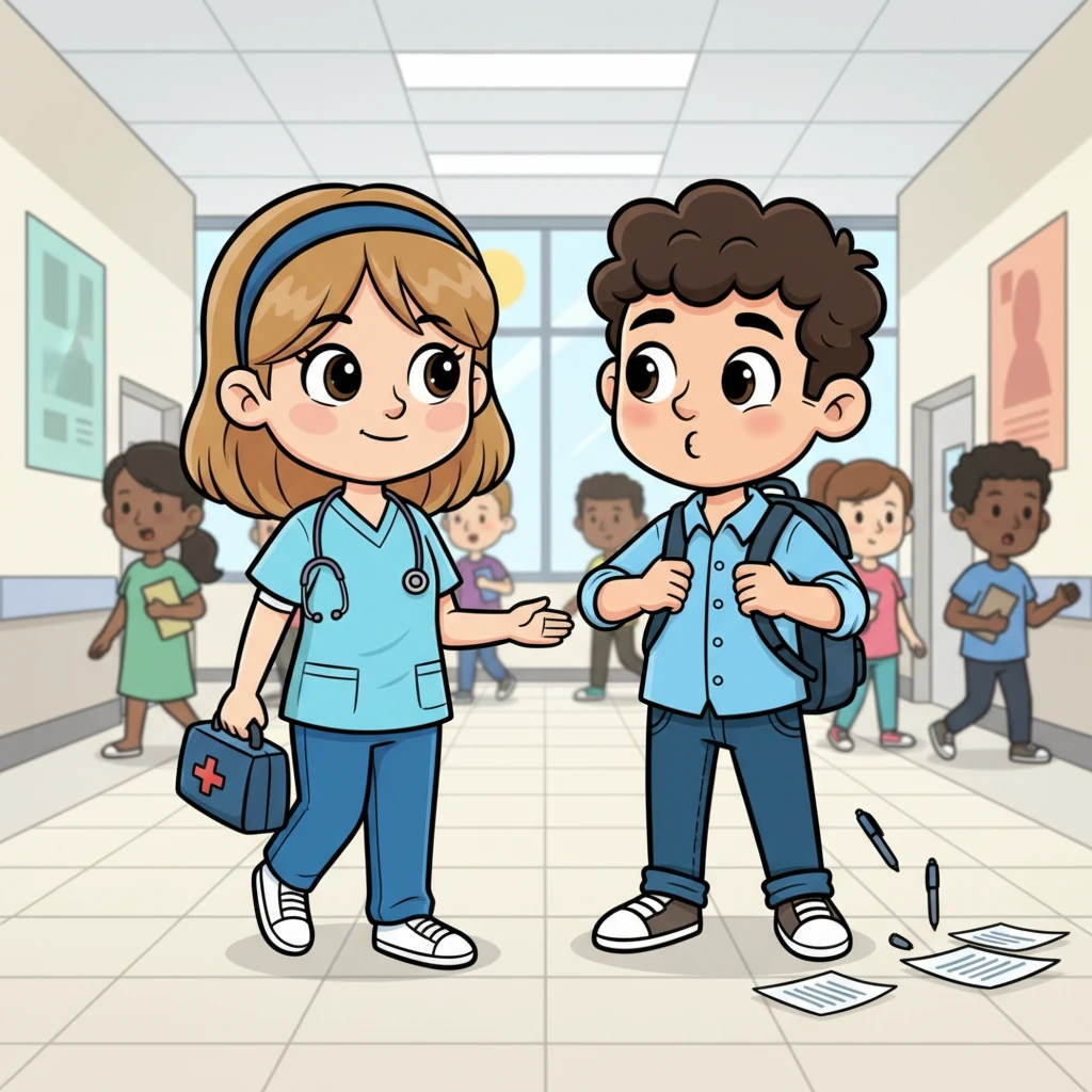 Beth, a kind nurse with light brown hair, offered a warm smile as she walked through the bustling hospital corridor. Suddenly, she bumped into Matt, a bright law student with brown hair, who was fumbling with his backpack. Their eyes met, and a spark of something special instantly flickered between them amidst the flurry of people.