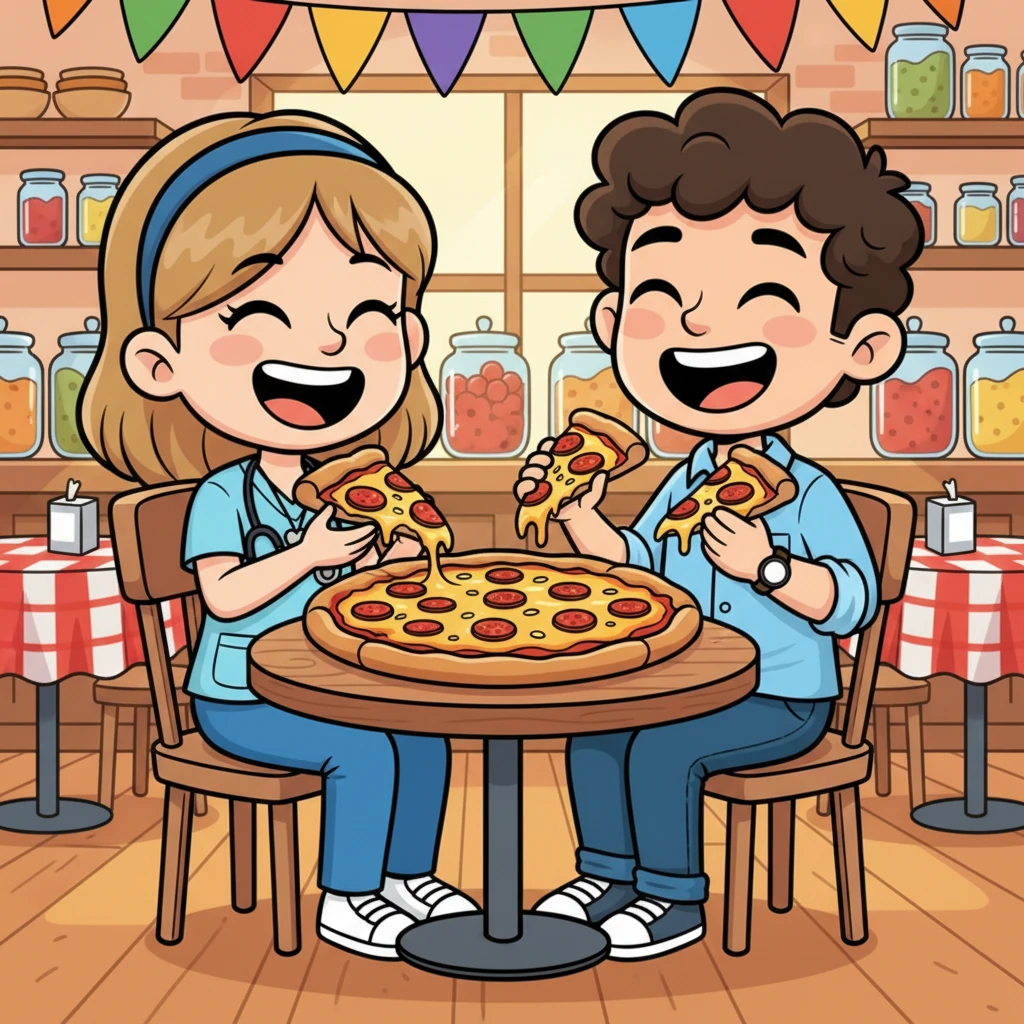 For their first date, Beth and Matt found themselves sharing a giant pepperoni pizza at a cozy, colorful shop. Laughter filled the air as they talked for hours, discovering how much they had in common. Their smiles were as cheesy as the pizza, marking the perfect start to their budding romance.