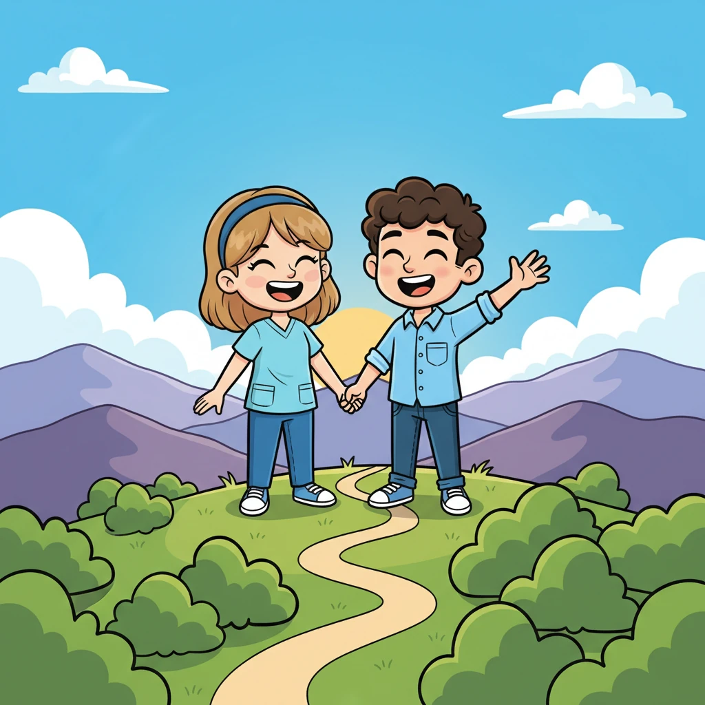 Hand in hand, Beth and Matt explored winding trails under a bright blue sky, their laughter echoing through the trees. They loved the challenge of hiking, reaching a sun-drenched peak with breathtaking views all around them. It was a joyful adventure, mirroring the exciting journey their hearts were taking together.