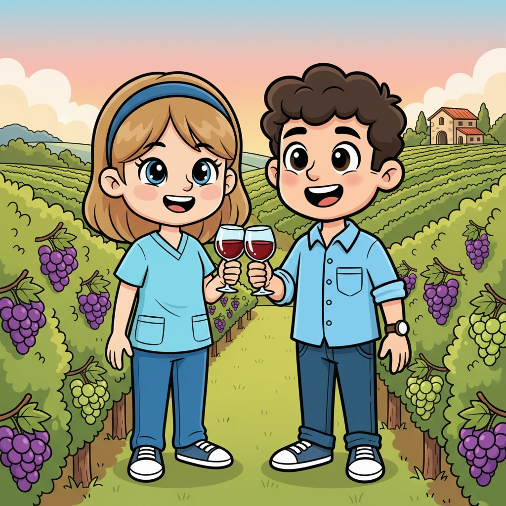 Later, they visited a charming vineyard, the rows of grapevines stretching like green ribbons across the rolling hills. Beth and Matt sampled delicious local wines, savoring the flavors and each other's company in the warm afternoon sun. It was a peaceful and elegant escape, filled with shared smiles and quiet contentment.