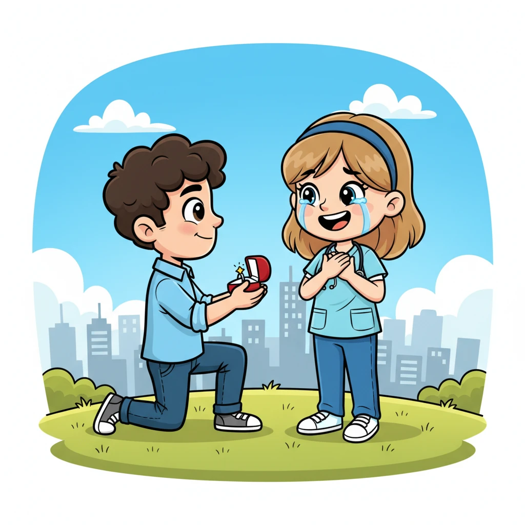 One sunny afternoon, Matt led Beth to a beautiful spot overlooking the city skyline, his heart fluttering with excitement. He knelt down, presenting a sparkling ring as he asked her to be his wife. Beth's eyes welled up with happy tears as she joyfully said, "Yes!"