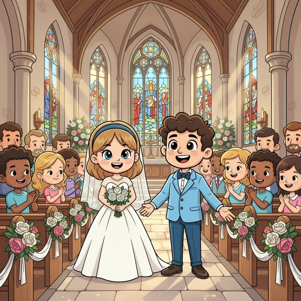 In a beautiful old church adorned with flowers, Beth, radiant in her white gown, walked down the aisle to Matt, who waited with a joyful grin. Surrounded by their loving friends and family, they exchanged vows, promising forever with heartfelt smiles. Their wedding day was a dream come true, sealing their love with a kiss.