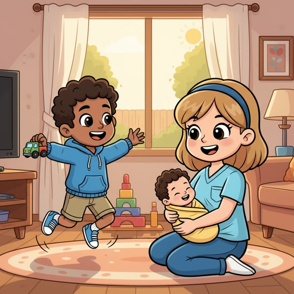 A few years later, their family grew even bigger and brighter with the arrival of their second son, Michael. Lucas, now a playful big brother, was thrilled to have a new friend. Their home was filled with the happy sounds of children's laughter and the warmth of a loving family of four.