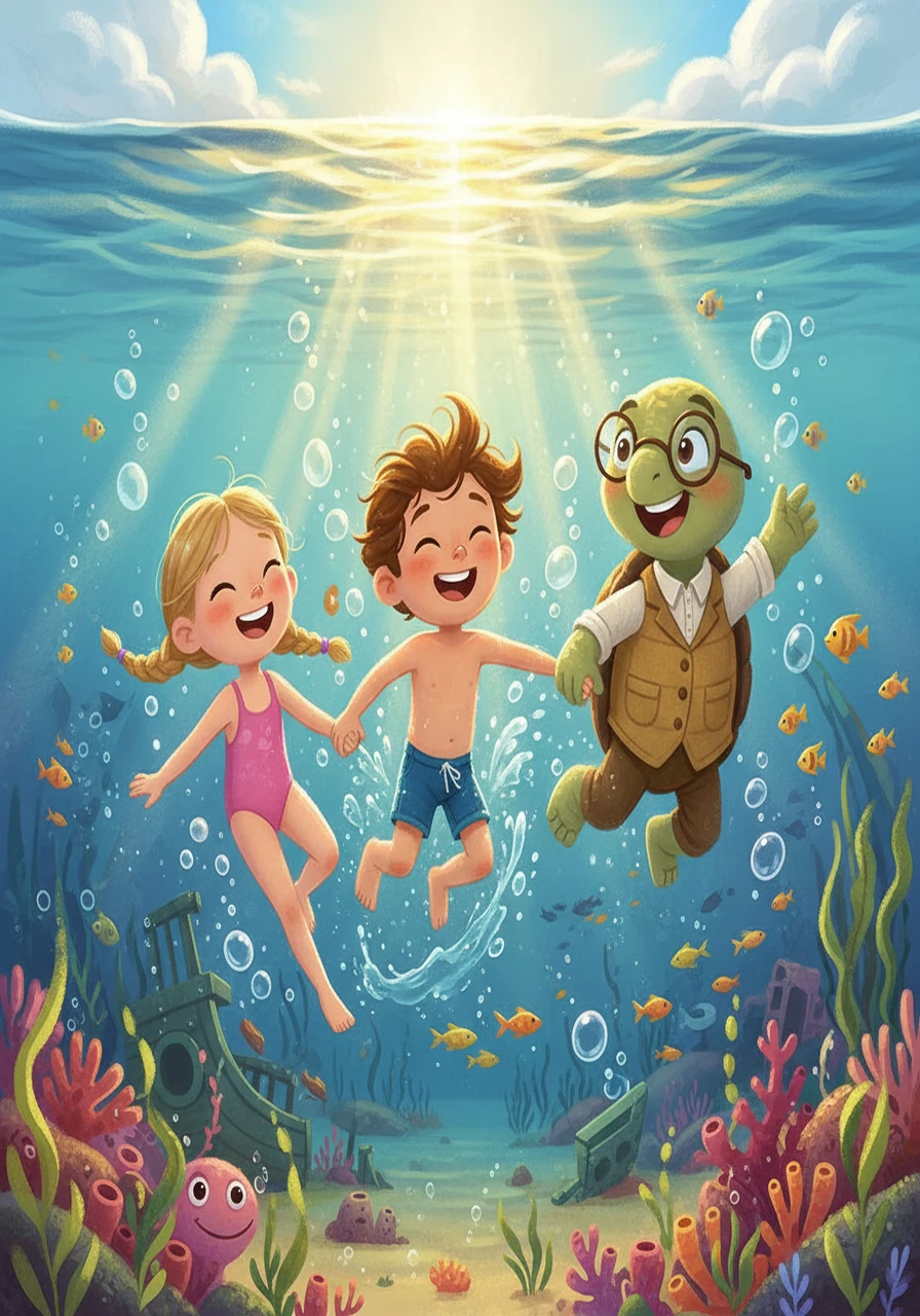 Oscar, Shelly, and Professor Shellington celebrated their adventure, swimming happily together through the ocean. They knew their friendship was the greatest treasure of all, a bond as deep and vast as the sea itself. They promised to always look out for each other.